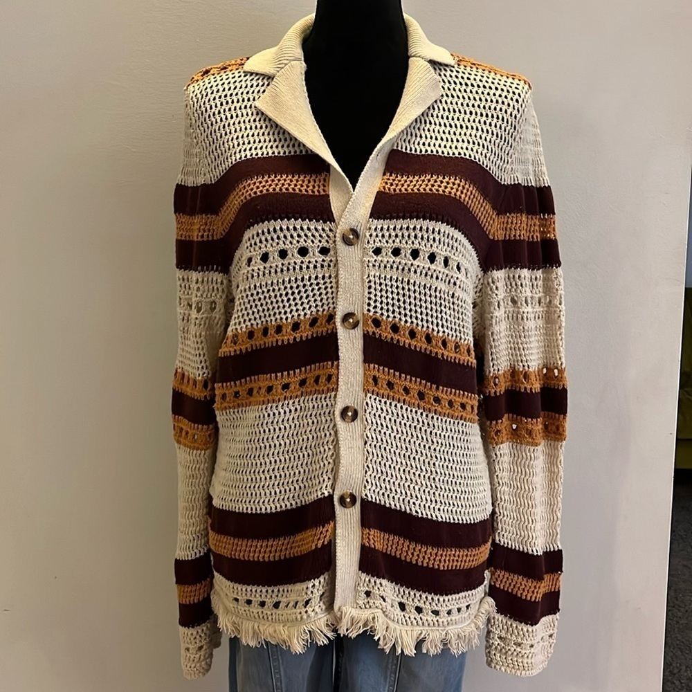 Reclaimed Vintage Striped Boho Cardigan, size L, open knit